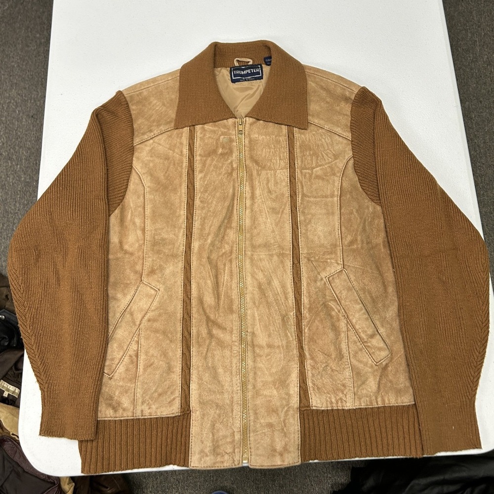 Trumpeter Suede Knit Jacket Mens L Brown Mixed Media Vintage Zip Front